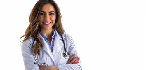 Smiling female doctor in lab coat with arms crossed