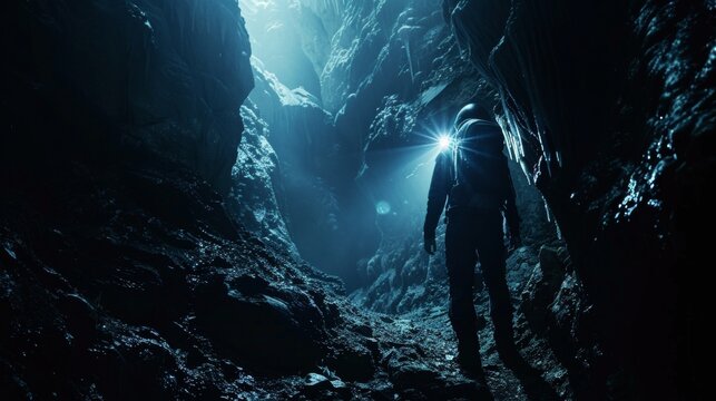 Exploring the Unknown Lone Adventurer with Headlamp and Backpack in Dark Cave