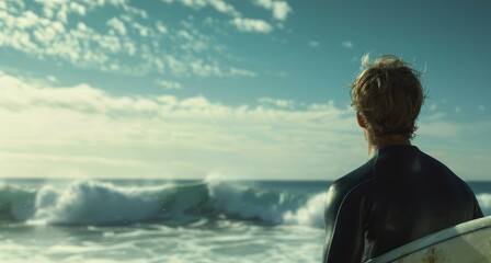 Fototapeta premium Ocean Reverie A Lone Surfer Contemplating the Majestic Waves