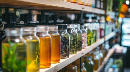 Revitalize Your Health Vibrant Assortment of Detox Teas and Wellness Drinks in a Modern Pharmacy Setting