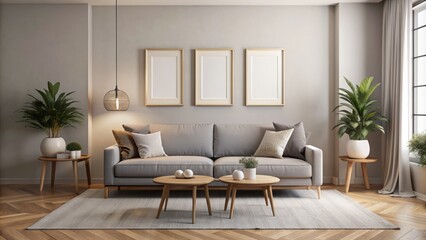 Modern minimalist living room interior design featuring sleek gray sofa with two elegant frames display on cream wall background.