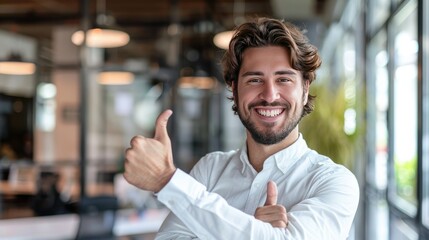 Obraz premium Businessman giving a thumbs-up with a confident smile, modern office in the background.