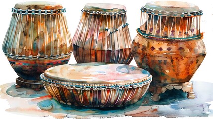 A watercolor painting of a set of Indian tabla drums