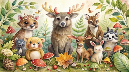 Obraz premium Whimsical watercolor forest gathering featuring moose, squirrel, owl, fox, raccoon, bunny, and bear surrounded by mushroom leaves.