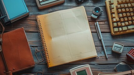 Retro infographic notebook with oldfashioned gadgets, lots of copy space