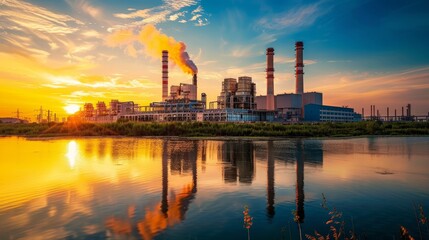 Naklejka premium Golden Glow Transforming Industrial Grit into Ethereal Beauty at a Power Plant