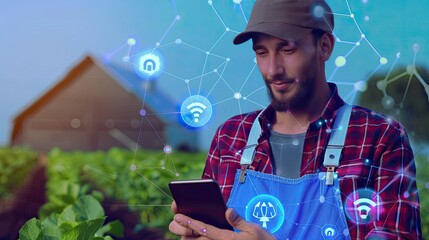 Smart farmer with smartphone, AI icons on screen, agriculture background, future farming concept.
