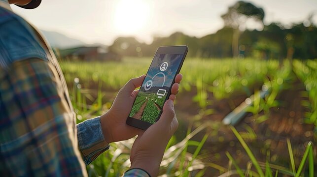 Smart farmer holding smartphone with icon interface, farm background, AI technology in smart agriculture, future farming concept.