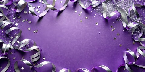 Festive purple background with lavender and silver streamers for celebration with copy space, lavender, silver