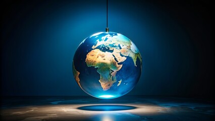 Lonely illuminated globe suspended in dark space, vivid blue oceans and continents starkly contrasting with surrounding blackness, evoking sense of isolation.