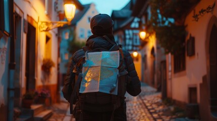 Obraz premium Wanderlust Lost in Old World Charm Person Studying Map under Streetlamp in European Town