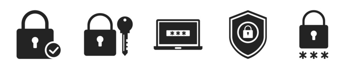 Security lock icon set. Set of 5 outline icons related to security. Linear icon collection. 
Security lock outline icons collection. Editable stroke. Vector illustration.