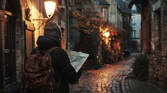 Wanderlust Lost in Old World Charm Person Studying Map under Streetlamp in European Town