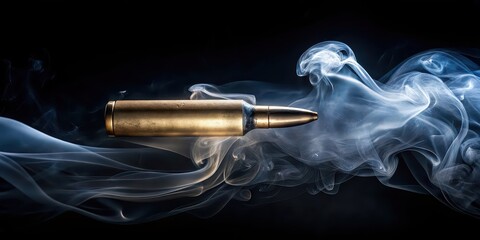 Naklejka premium Bullet surrounded by swirling smoke on black background, bullet, smoke, black, background, gun, weapon, ammunition, dangerous