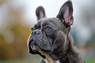 Fototapeta premium Blue french bulldog is posing in nature with a blurred background