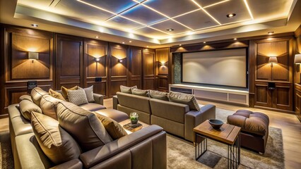 Cozy home theater with ambient lighting, plush couch, and large screen, inviting relaxation and entertainment in a peaceful setting.