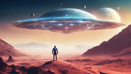 Fototapeta premium Astronaut Contemplating Celestial Wonders on Alien Planet