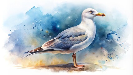 Fototapeta premium Delicate, dreamy, and beautifully rendered watercolor illustration of a majestic seagull standing alone on a pristine white background.