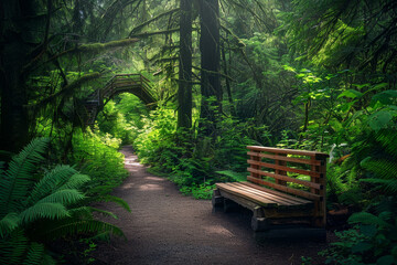 Fototapeta premium Rustic bench on a sunlit path