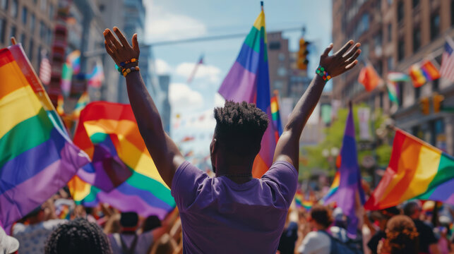 A crowd of people is raising rainbow flags in their hands on the street for a pride month advertising campaign.