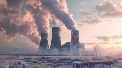 Frosty Emissions Industrial Cooling Towers in Winter Wonderland