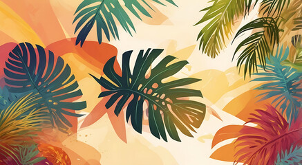 A Colorful abstract 2D plain summer background design with bight sun and tropical leaves and colors, design element

