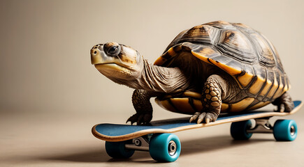 A tortoise riding on a skateboard with copy space and plain background. Slow work planning Strategy and performance concept