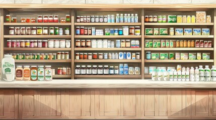 Natural Wellness Oasis Vibrant Shelves of Herbal Remedies and Supplements in a Modern Pharmacy Setting