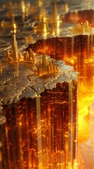 A stunning image of a futuristic city glowing with vibrant yellow and orange lights, resembling digital and fantasy worlds.