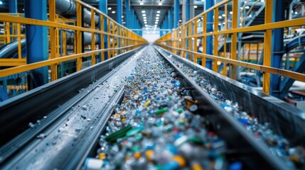 Obraz premium Close-up of a recycling process in a facility, copy space
