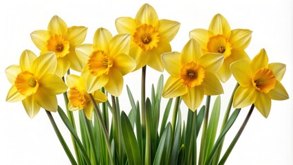 Vibrant yellow daffodils with trumpet-shaped centers and slender stems isolated on a transparent background, epitomizing springtime beauty and renewal.