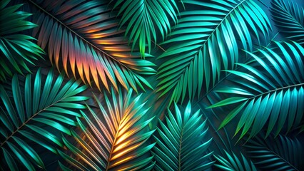 Vibrant neon-lit palm leaves with cyberpunk dark green hues cast a futuristic glow on a summer-inspired exotic flat lay background.