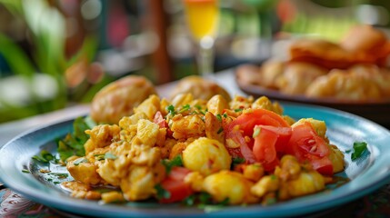 Close-up Photo of Traditional Jamaican Ackee and Saltfish with Fresh Vegetables on Blue Plate