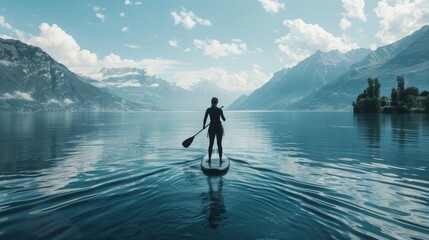 Serene Paddleboarding Finding Balance on a Tranquil Mountain Lake