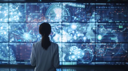 Digital Discovery Scientist Engaged with Data Visualizations on Giant Screens Innovation and Analysis in Action