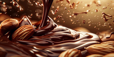 close up of chocolate pouring over almonds, generative AI