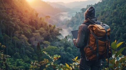 Naklejka premium Backpack for Digital Nomad Traveler, Laptop, Diverse Landscapes, Nature Scenes, dream like
