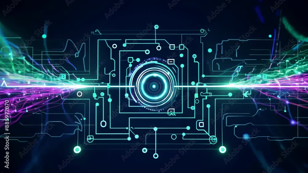 Poster neon futuristic circuit design with glowing geometric patterns