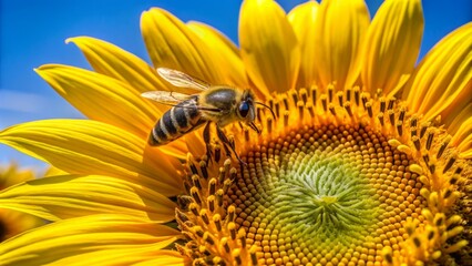 A solitary bee is busily collecting nectar from the vibrant yellow petals of a tall, bright sunflower on a sunny day.