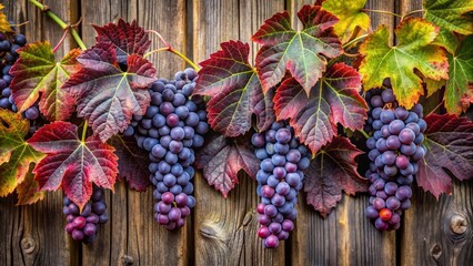 Dark purple Syrah grape leaves with delicate curly edges and veins sprawling wildly against a rustic wooden fence backdrop.