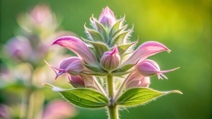 Delicate pale pink Clary sage flower bud with soft, subtle texture and intricate details, set against a muted green background.