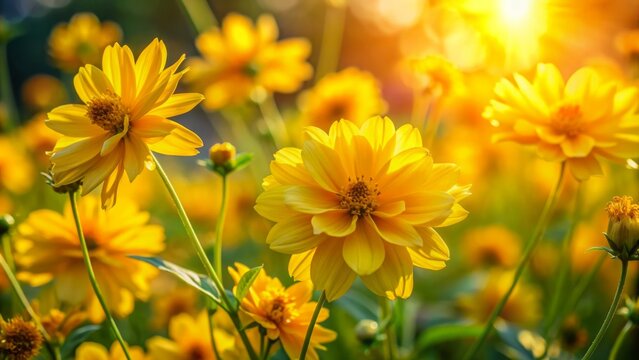 Delicate yellow petals of Solidaster Lemore flowers bloom in clusters against a soft, blurred green foliage background in warm sunlight.