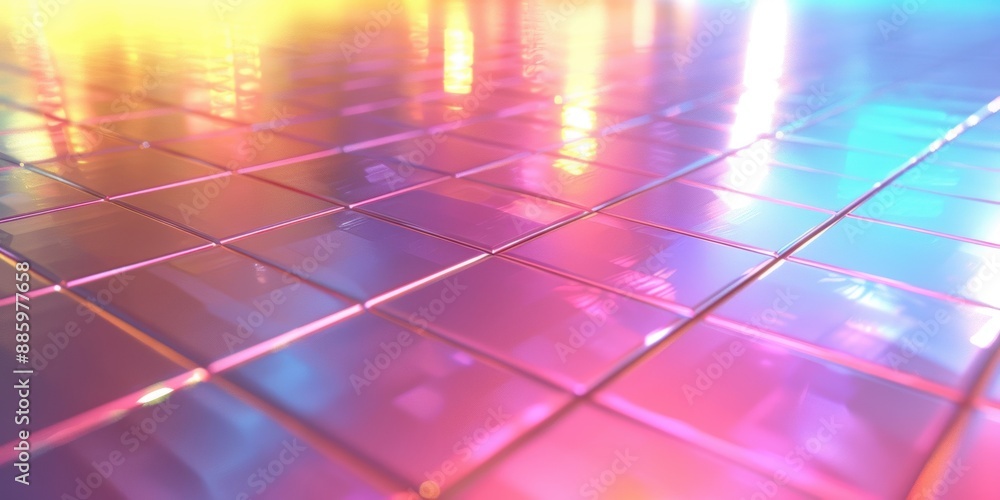 Poster abstract background of colorful reflective tiles illuminated by neon lights, creating a vibrant and 