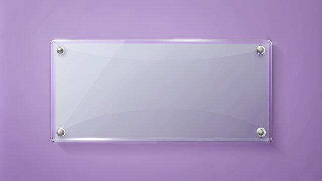 Minimalist rectangular glass name plate on a soft lavender wall with transparent background, realistic 3D vector illustration design.