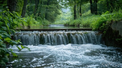 Obraz premium Serene forest creek with a small waterfall cascading over rocks, surrounded by lush greenery, creating a peaceful natural scene.
