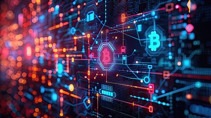 Abstract technology background with blue, red and orange glowing lines and dots.