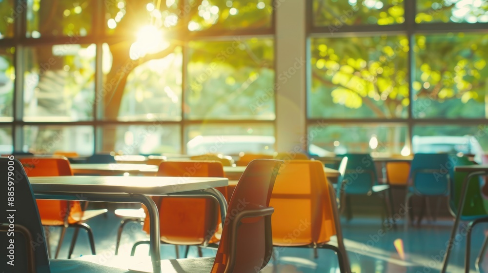 Poster bright classroom interior with sunlight streaming through windows, illuminating empty chairs and tab