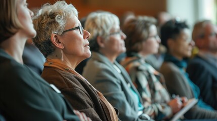 Audience members attentively listening at a professional event, featuring older individuals engaged in the presentation.