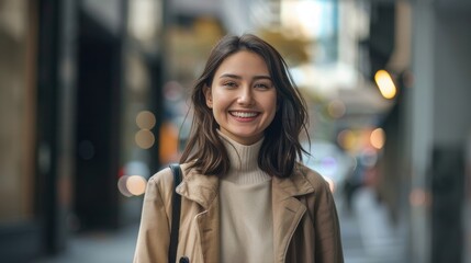 Fototapeta premium A cheerful woman with a broad smile standing in a city street, dressed in a light coat, with a blurred urban background.
