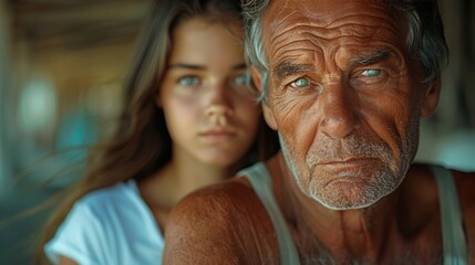 Close-up portrait of an elderly man with a young girl in the background, emphasizing generational contrast and emotional depth.